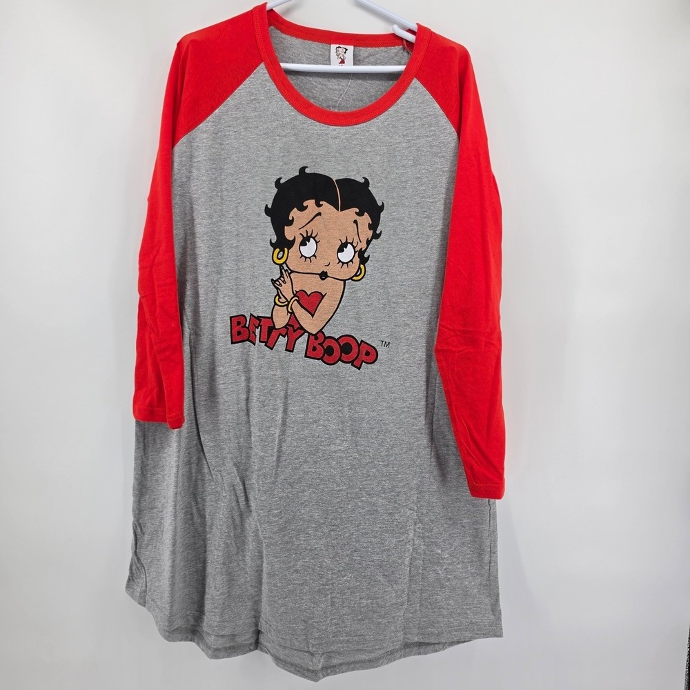 Betty Boop Raglan Nightshirt Womens XL 3/4 Sleeve Gray Red Sleep Shirt NWOT Tee